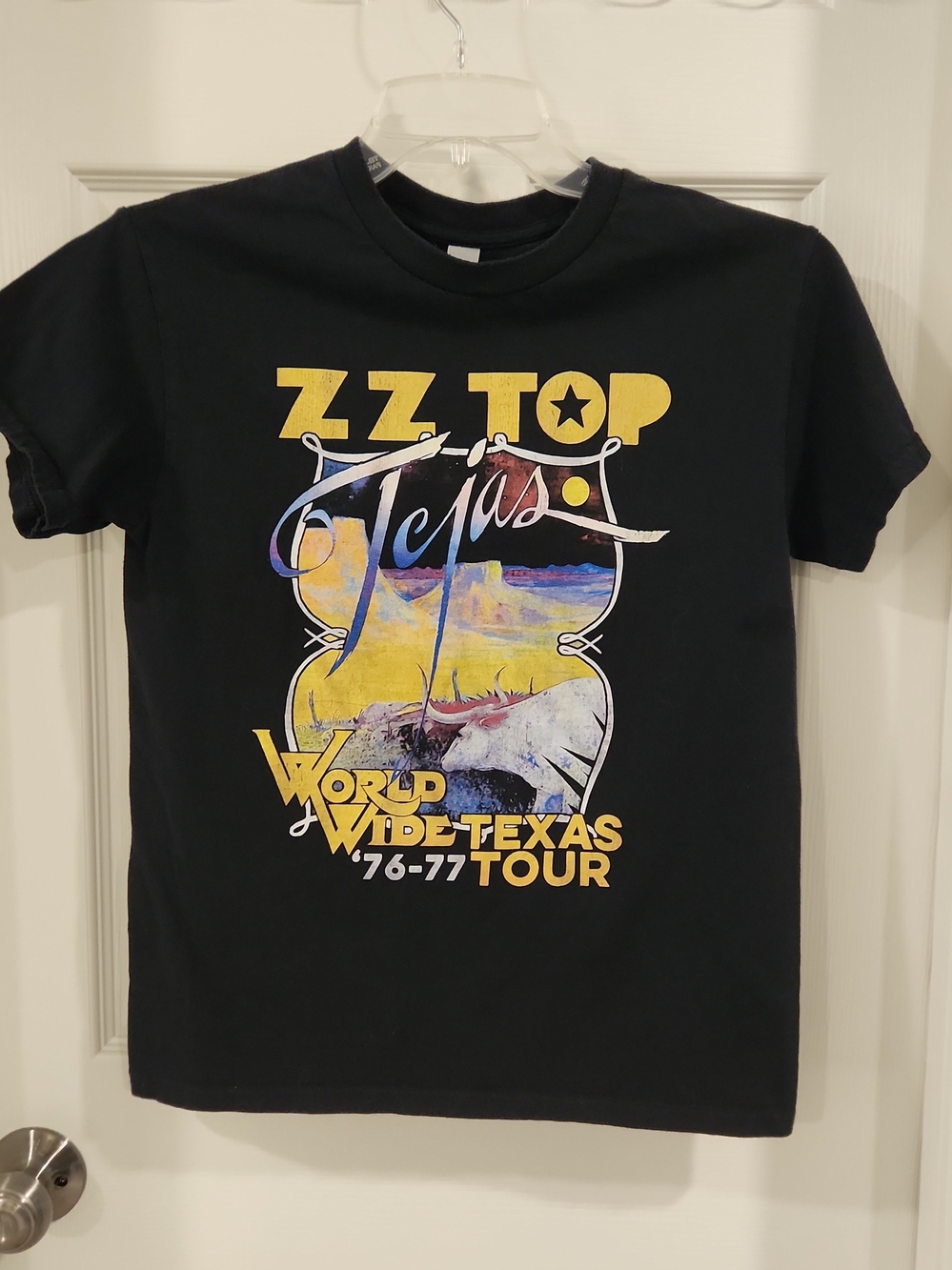 ZZ Top Tejas Tour 76-77 Graphic Band Tee Gildan Mens Small Retro Rock Tee Black